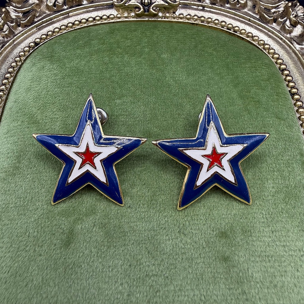 Patriotic Red White Blue Enamel Star Stud Earrings 1" Preowned
